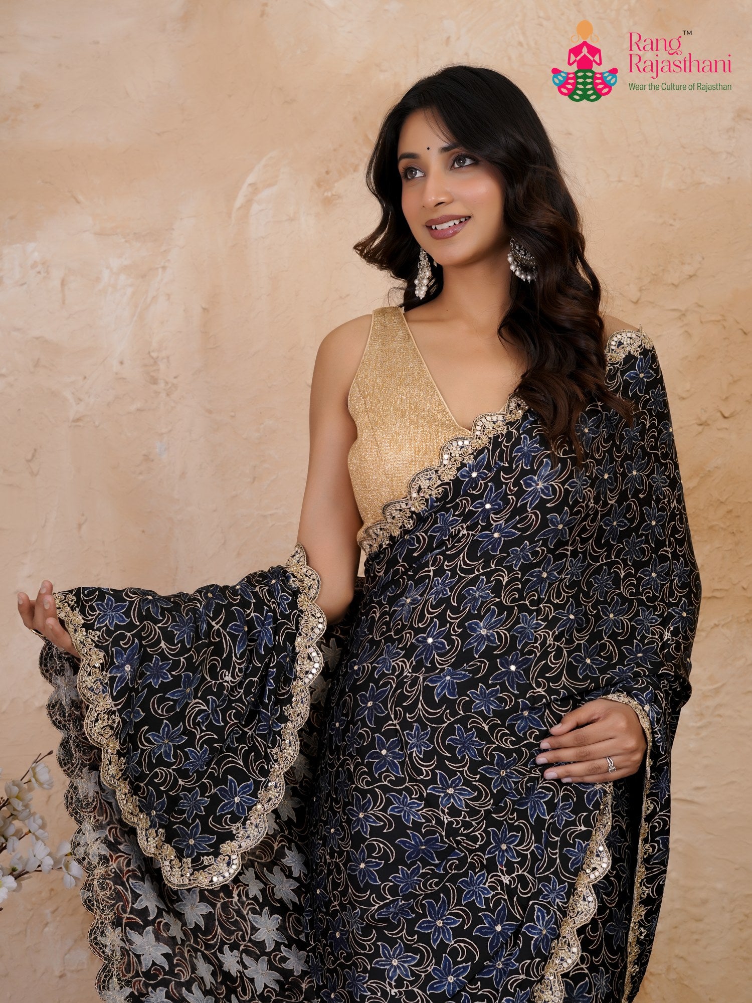 full view of black modal ajrakh print saree