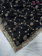 pallu detailing of black net hand embellishment saree