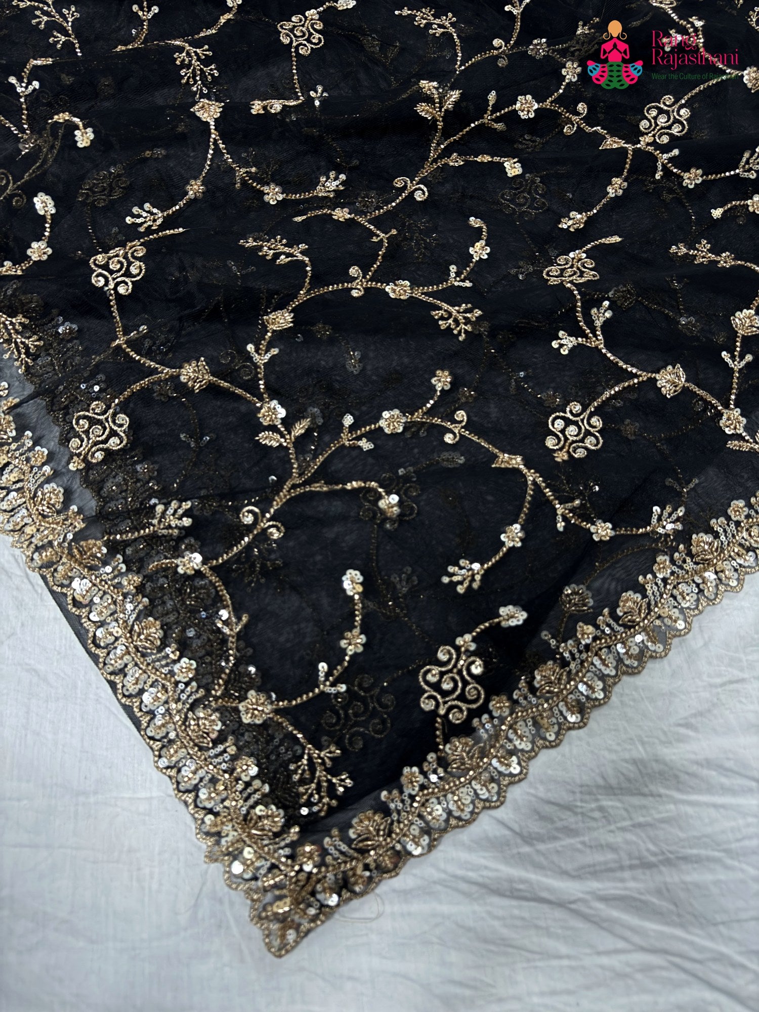 pallu detailing of black net hand embellishment saree