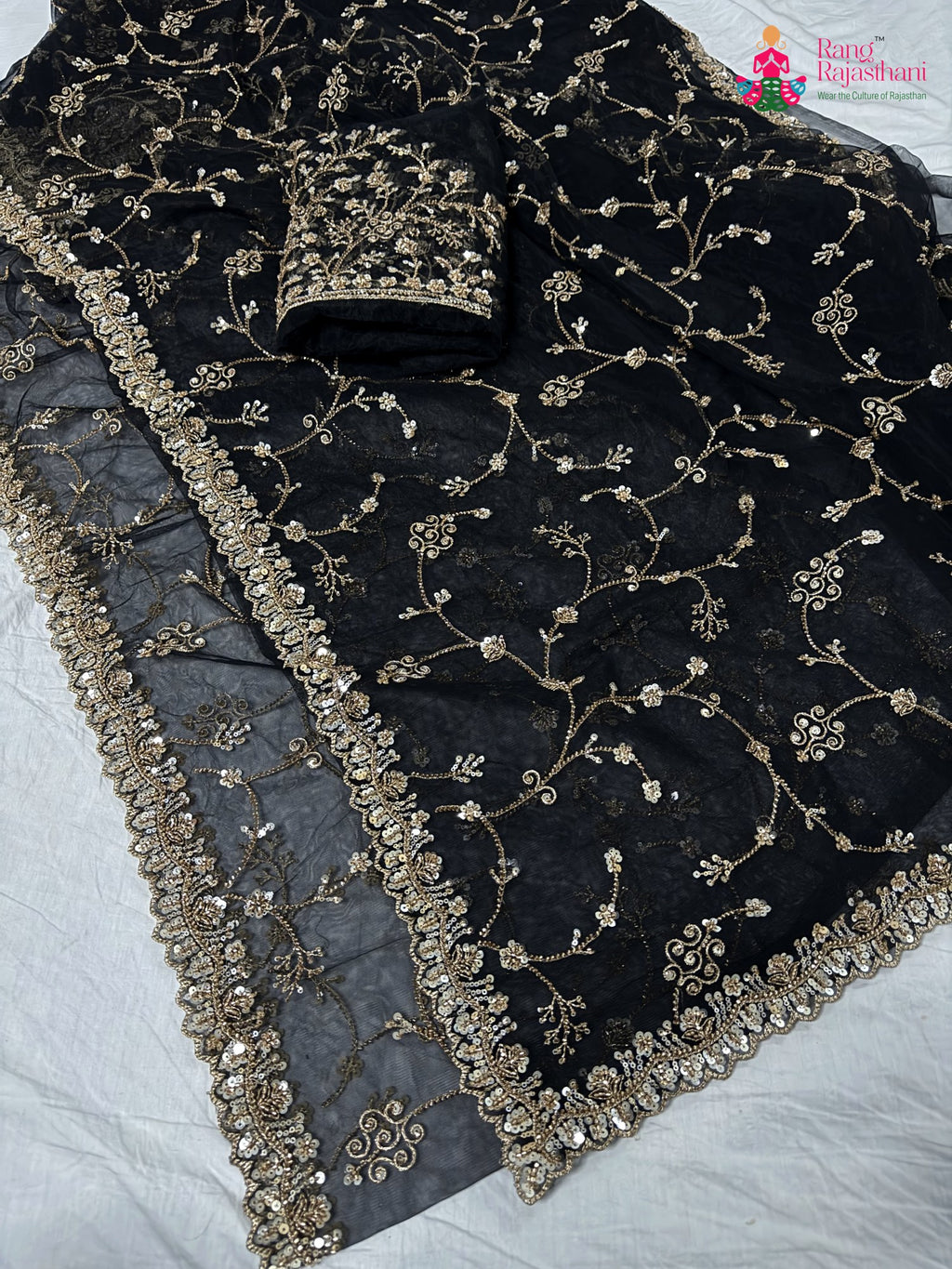 complete look of black net hand embellishment saree