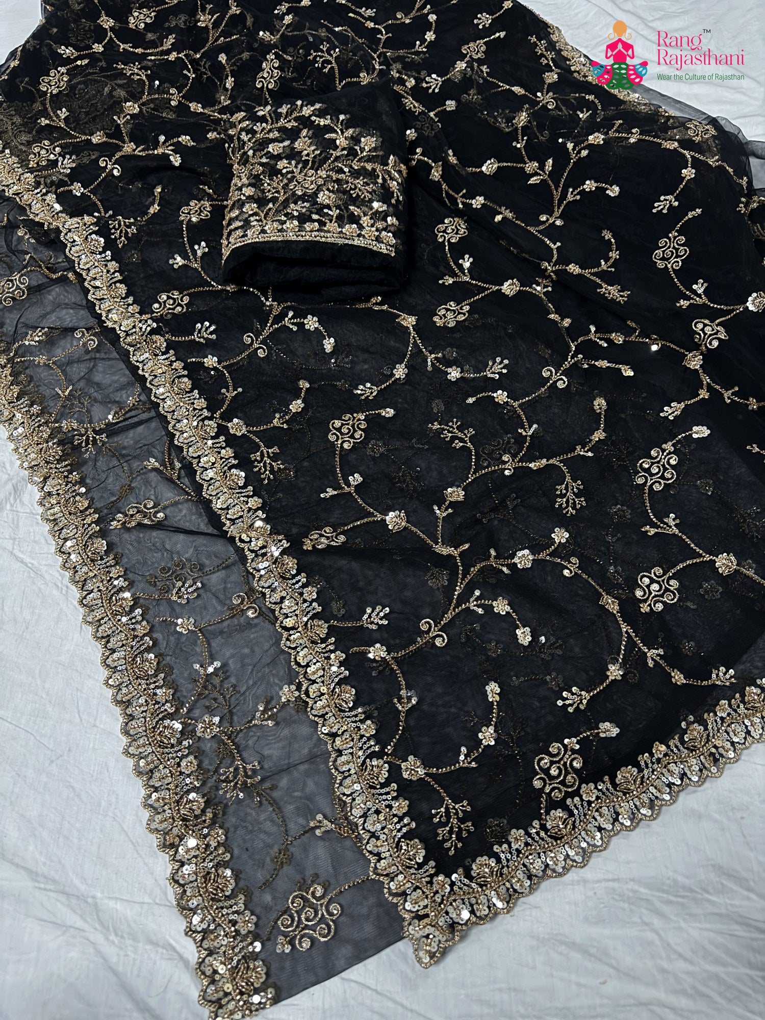 complete look of black net hand embellishment saree