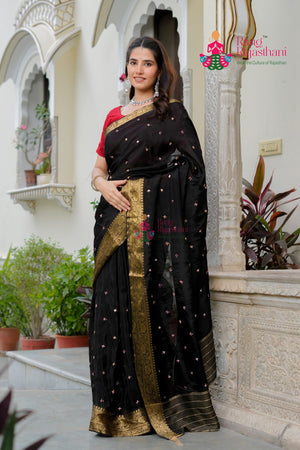 Black Pure Ho Silk Mirror Saree for Wedding Reception | Best Seller