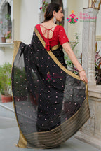 Black Pure Chinon saree with Mirror Work back view