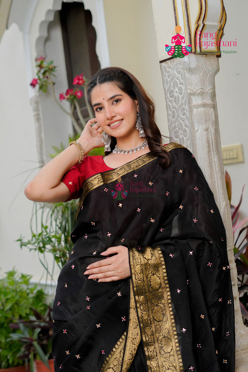 Black Pure Chinon saree with Mirror Work close up detailing