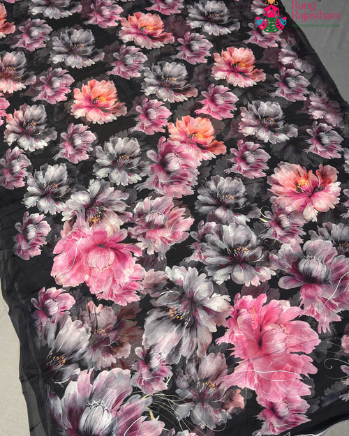 Black Pure Chiffon Printed Saree for Sangeet Night | Wedding Collection