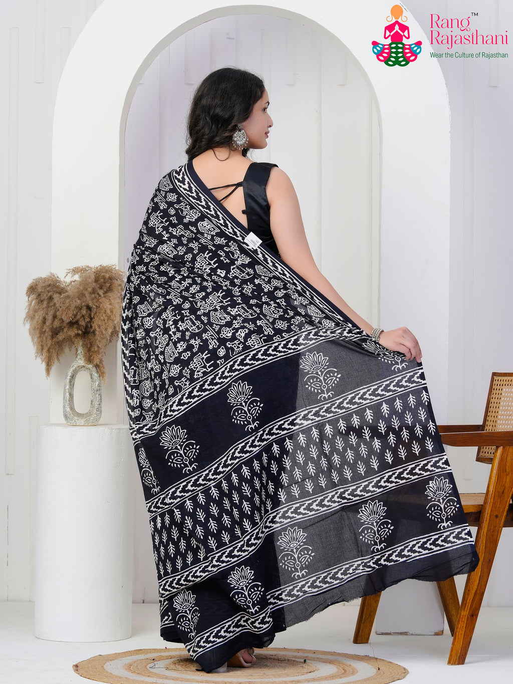 Black Cotton saree with Printed back view