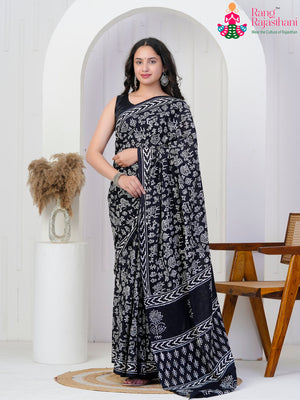 Black Cotton Block Print Saree for Casual | Timeless Drape