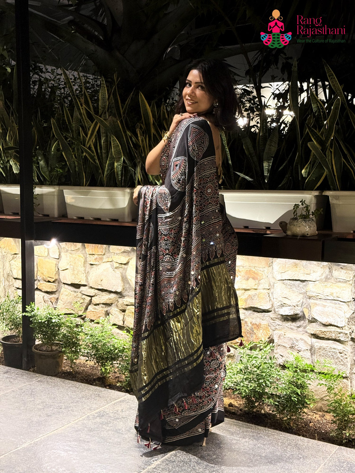 Black Pure Modal Silk Mirror Ajrakh Print Saree for Wedding Guest | Designer Collection