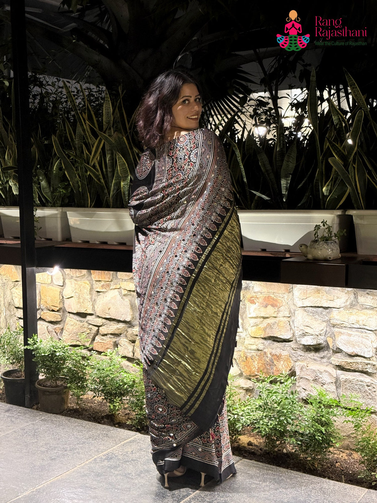Black Pure Modal Silk Mirror Ajrakh Print Saree for Wedding Guest | Designer Collection