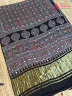 Black Pure Modal Silk Mirror Ajrakh Print Saree for Wedding Guest | Designer Collection