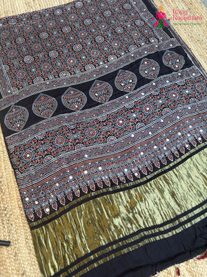 Black Pure Modal Silk Mirror Ajrakh Print Saree for Wedding Guest | Designer Collection