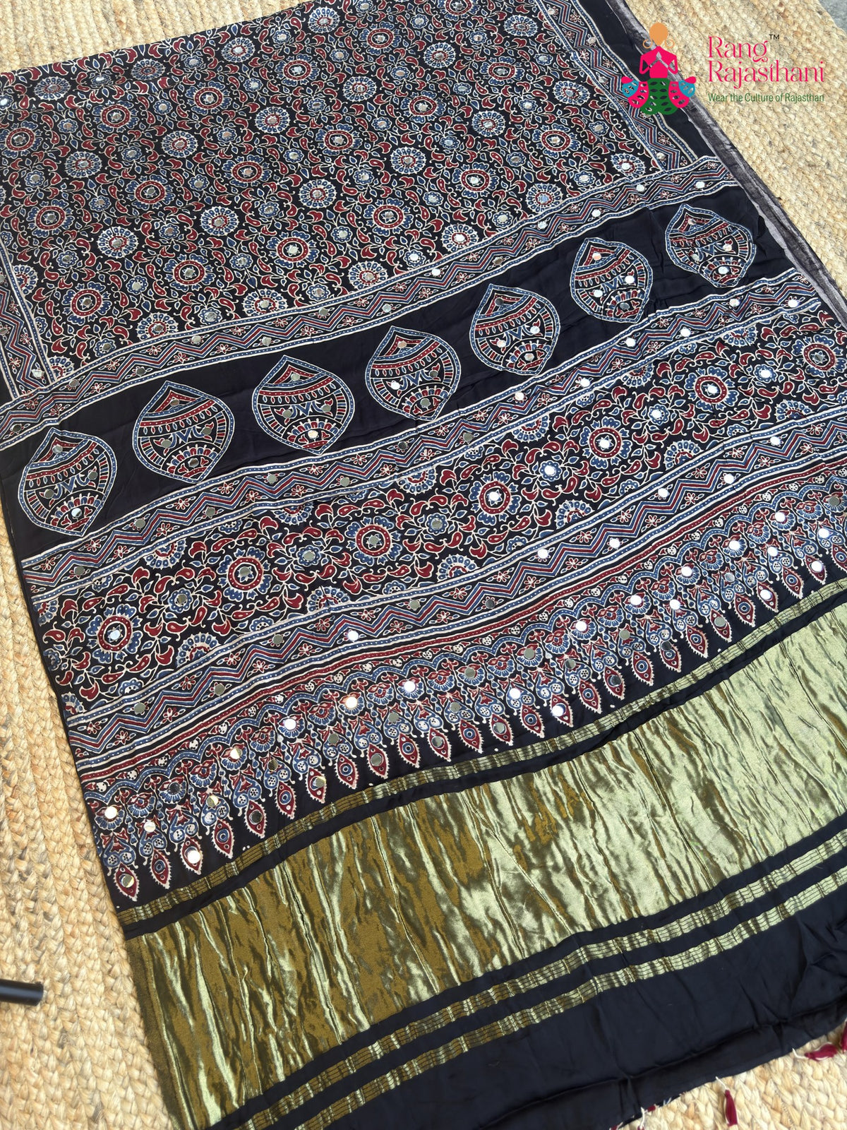 Black Pure Modal Silk Mirror Ajrakh Print Saree for Wedding Guest | Designer Collection