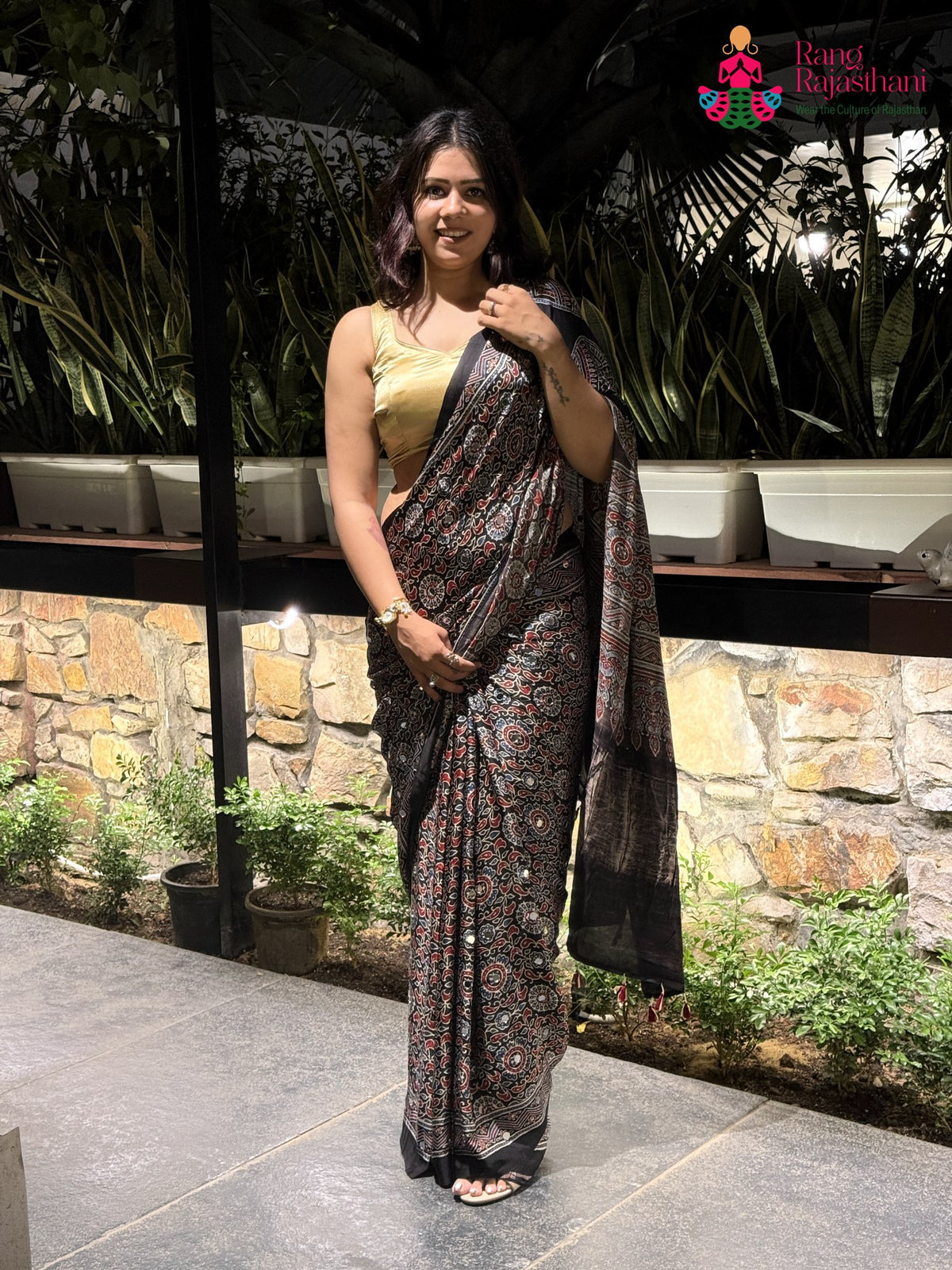 Black Pure Modal Silk Mirror Ajrakh Print Saree for Wedding Guest | Designer Collection