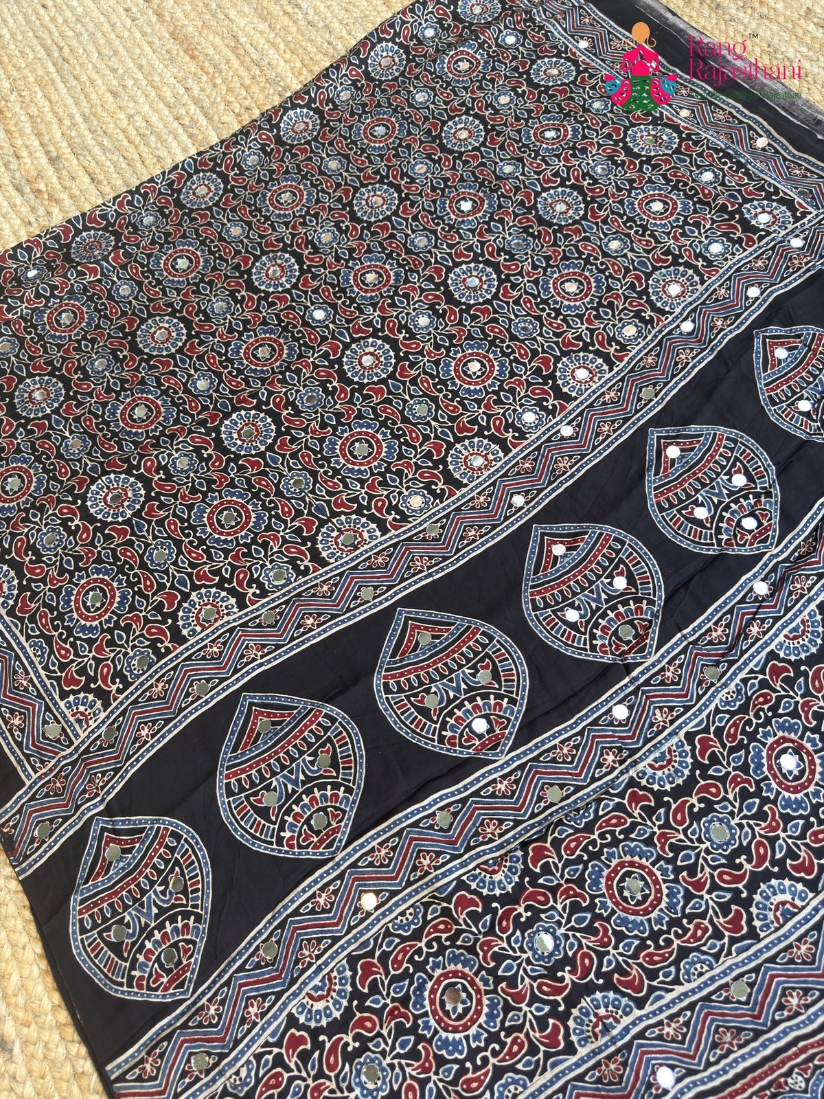 Black Pure Modal Silk Mirror Ajrakh Print Saree for Wedding Guest | Designer Collection