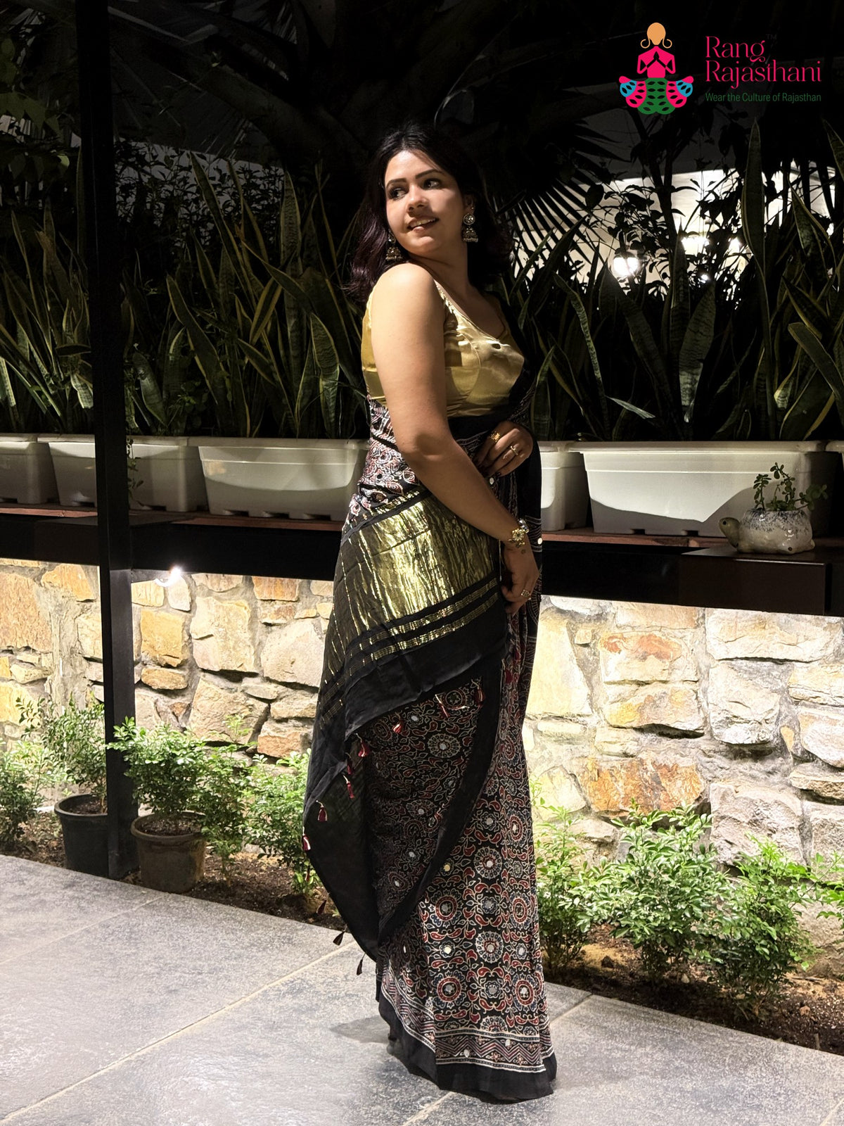 Black Pure Modal Silk Mirror Ajrakh Print Saree for Wedding Guest | Designer Collection