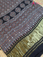 Black Pure Modal Silk Mirror Ajrakh Print Saree for Wedding Guest | Designer Collection