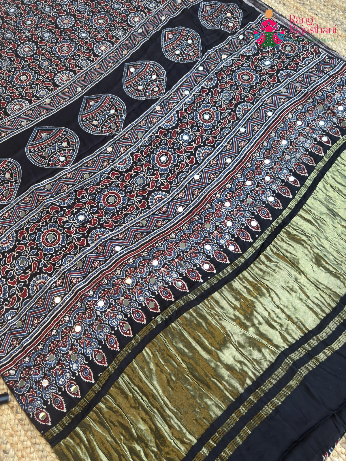 Black Pure Modal Silk Mirror Ajrakh Print Saree for Wedding Guest | Designer Collection