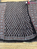 Black Pure Modal Silk Mirror Ajrakh Print Saree for Wedding Guest | Designer Collection