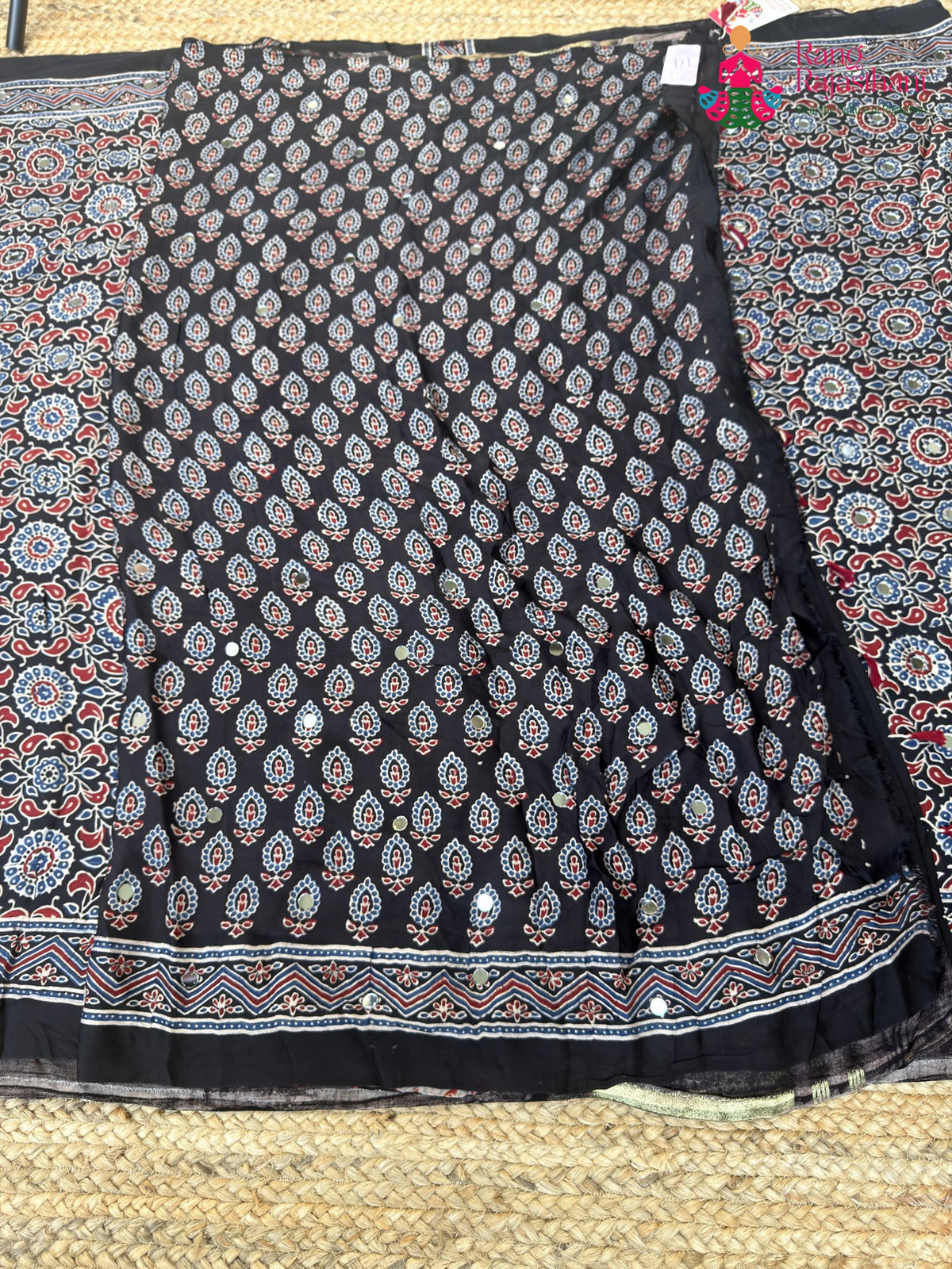 Black Pure Modal Silk Mirror Ajrakh Print Saree for Wedding Guest | Designer Collection