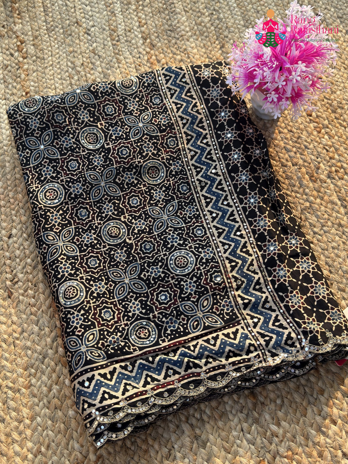 Black Pure Modal Silk Sequin Ajrakh Print Saree for Wedding Reception | Buy Today