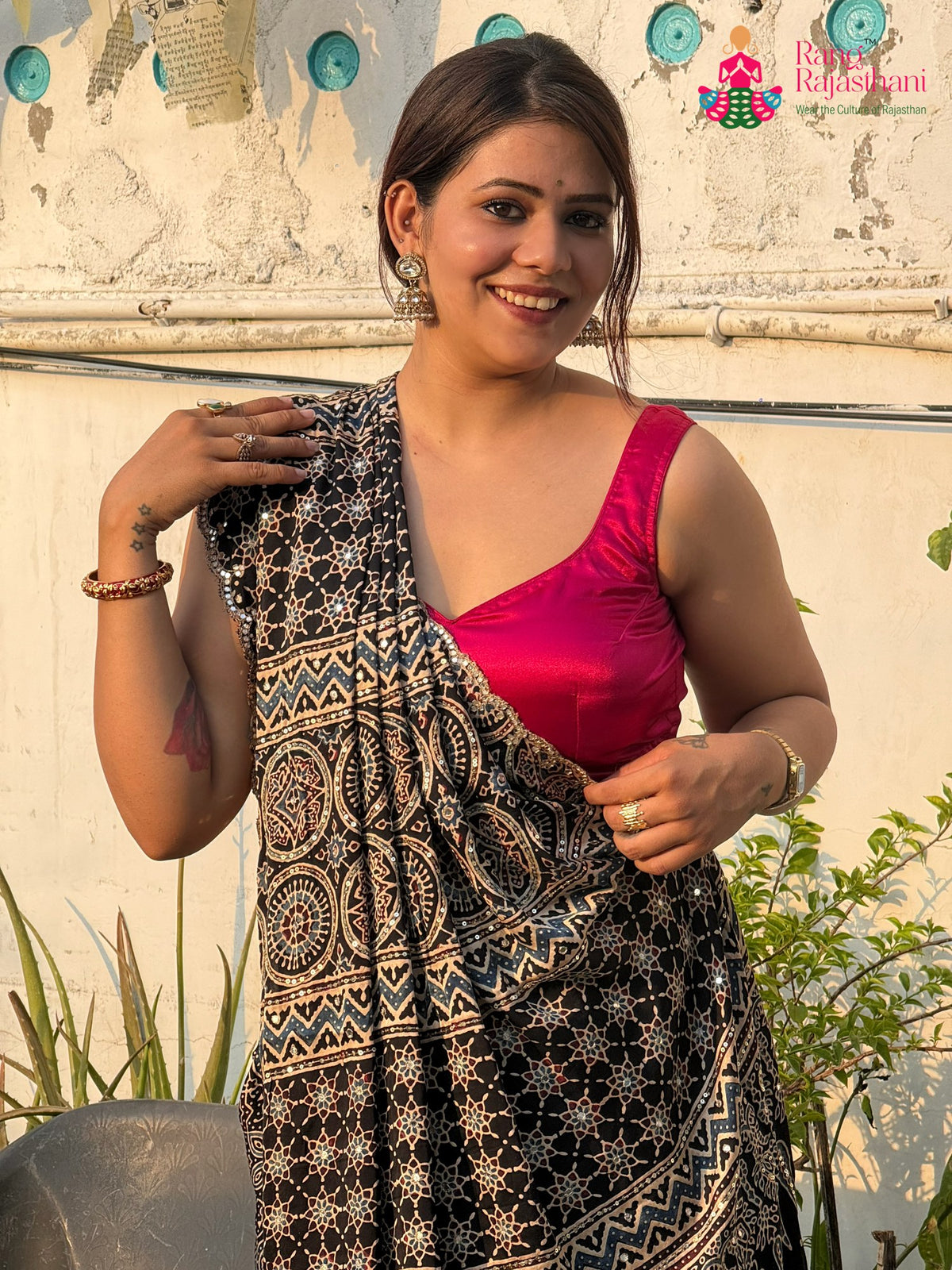 Black Pure Modal Silk Sequin Ajrakh Print Saree for Wedding Reception | Buy Today