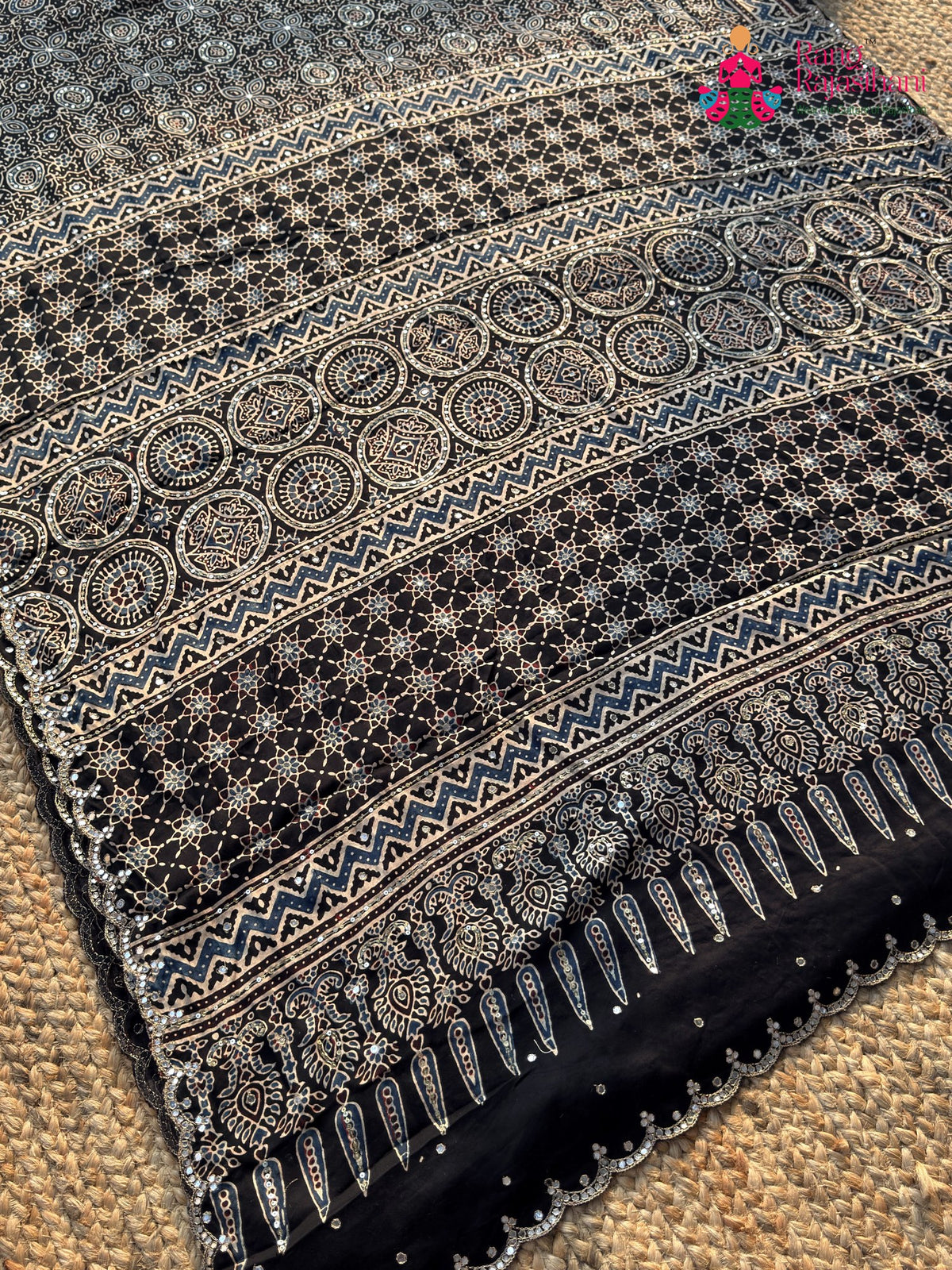 Black Pure Modal Silk Sequin Ajrakh Print Saree for Wedding Reception | Buy Today