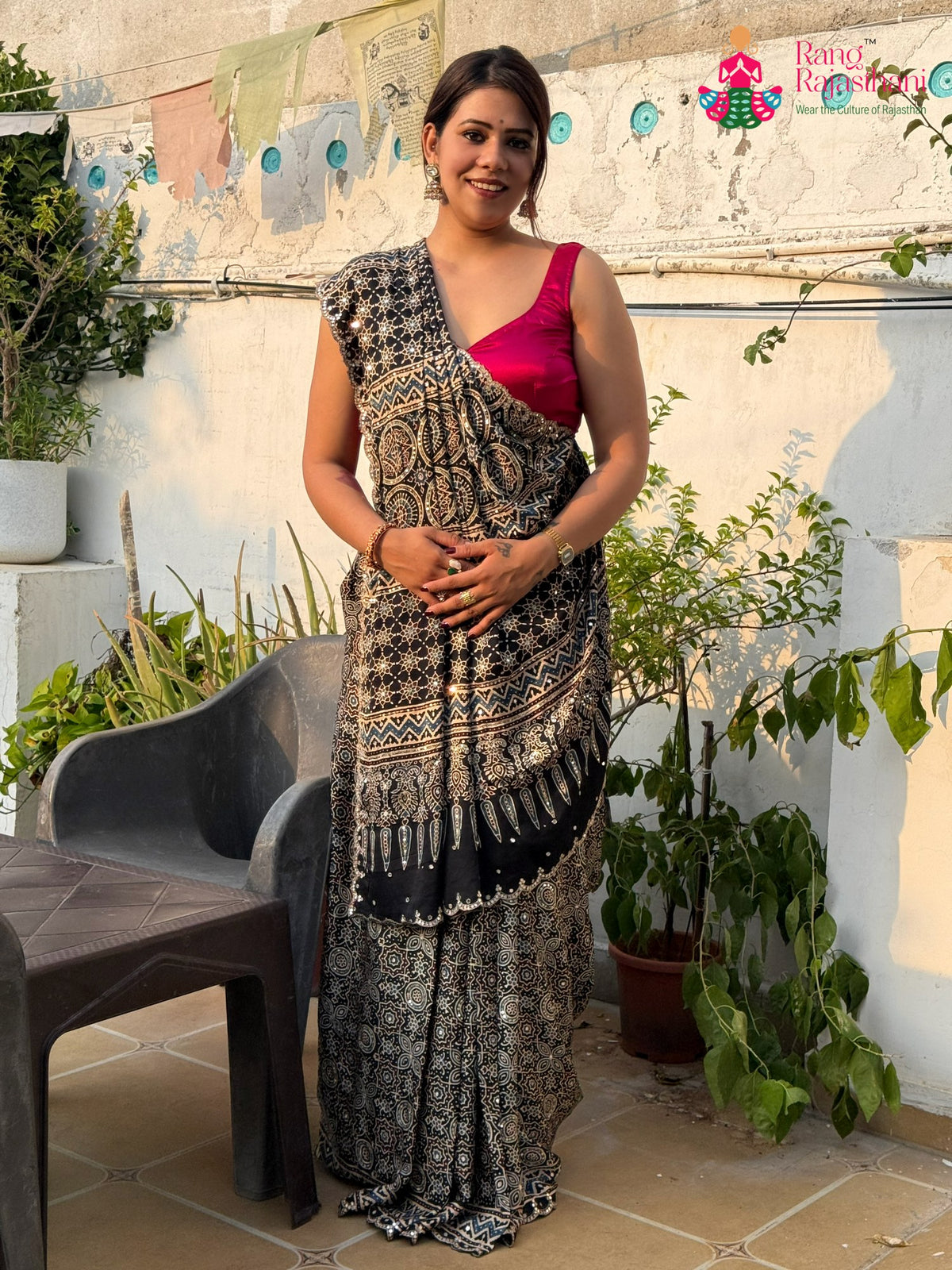 Black Pure Modal Silk Sequin Ajrakh Print Saree for Wedding Reception | Buy Today