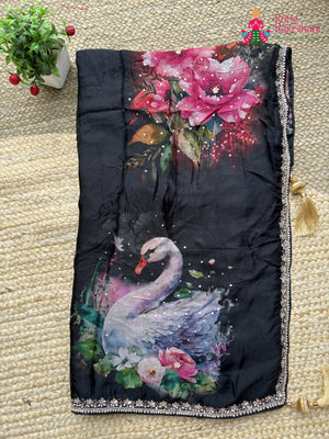 Black Pure Tapi Silk Hand Embellishment Printed Saree for Sangeet Night | Premium Drape