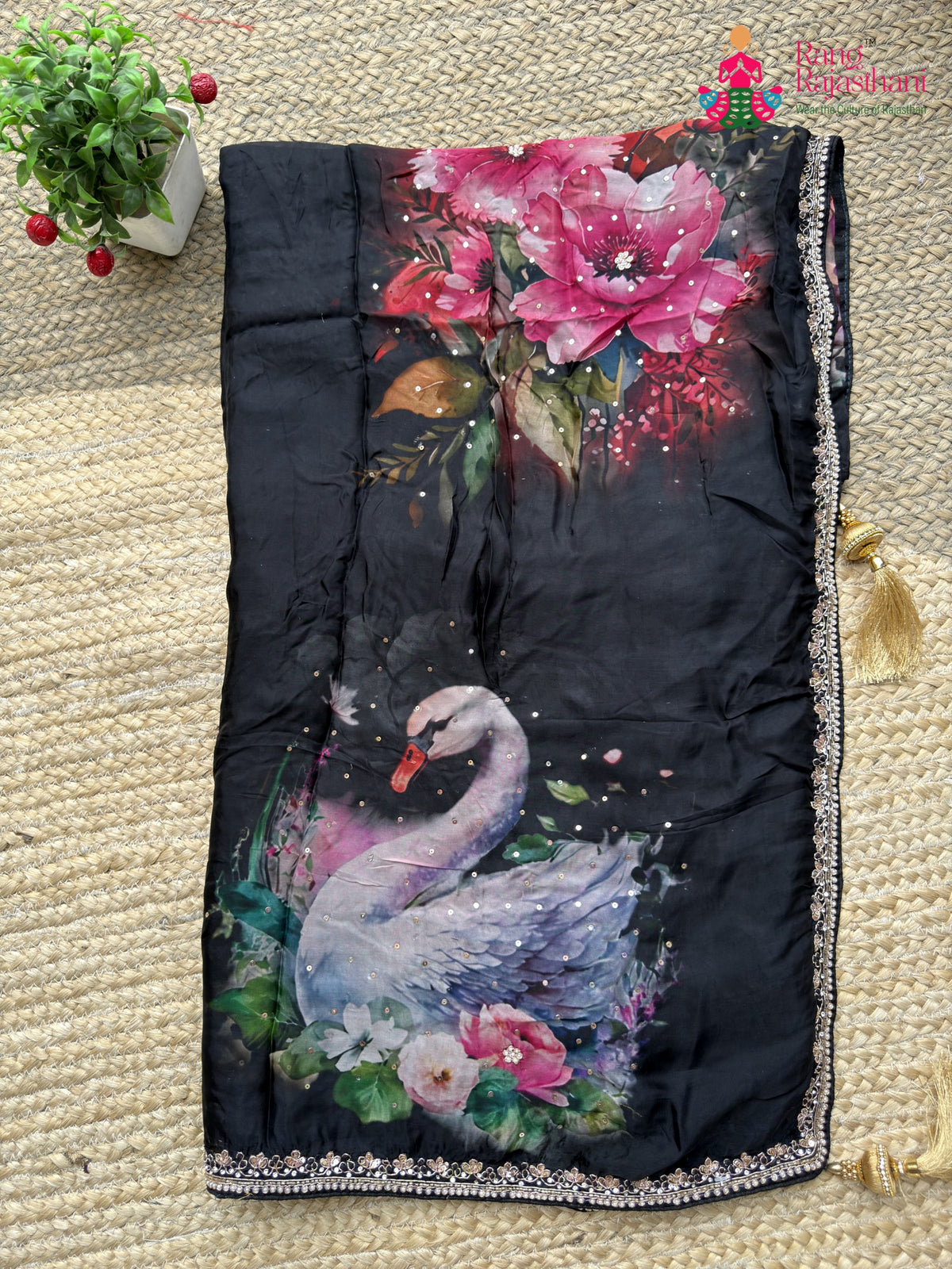 Black Pure Tapi Silk Hand Embellishment Printed Saree for Sangeet Night | Premium Drape