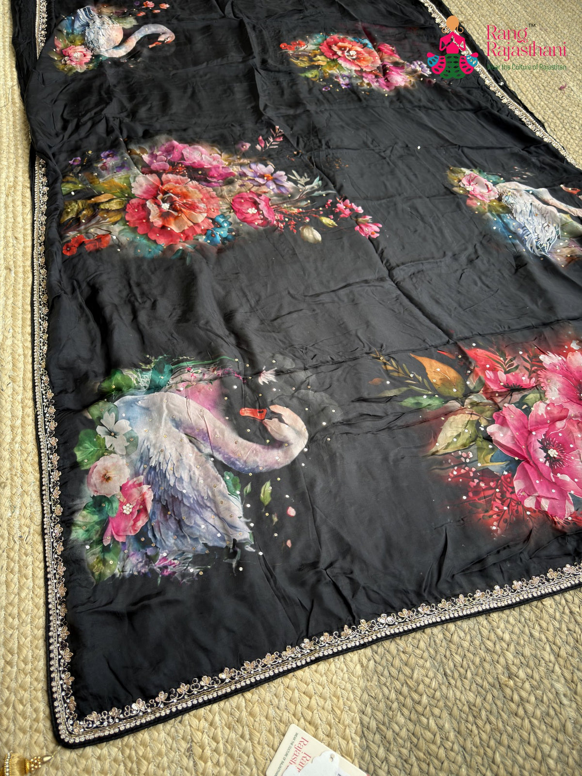 Black Pure Tapi Silk Hand Embellishment Printed Saree for Sangeet Night | Premium Drape
