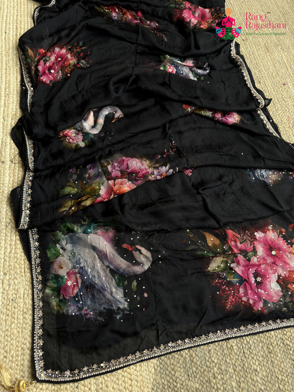 Black Pure Tapi Silk Hand Embellishment Printed Saree for Sangeet Night | Premium Drape