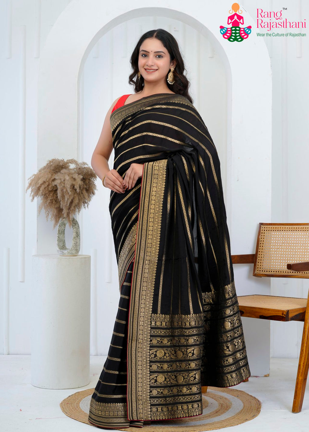 Black Pure Chinon Silk Party saree with Banarasi Zari from Rang Rajasthani