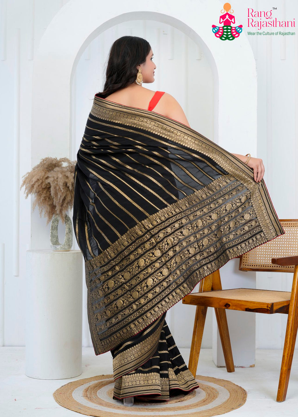 Black Pure Chinon Silk saree with Banarasi Zari back view