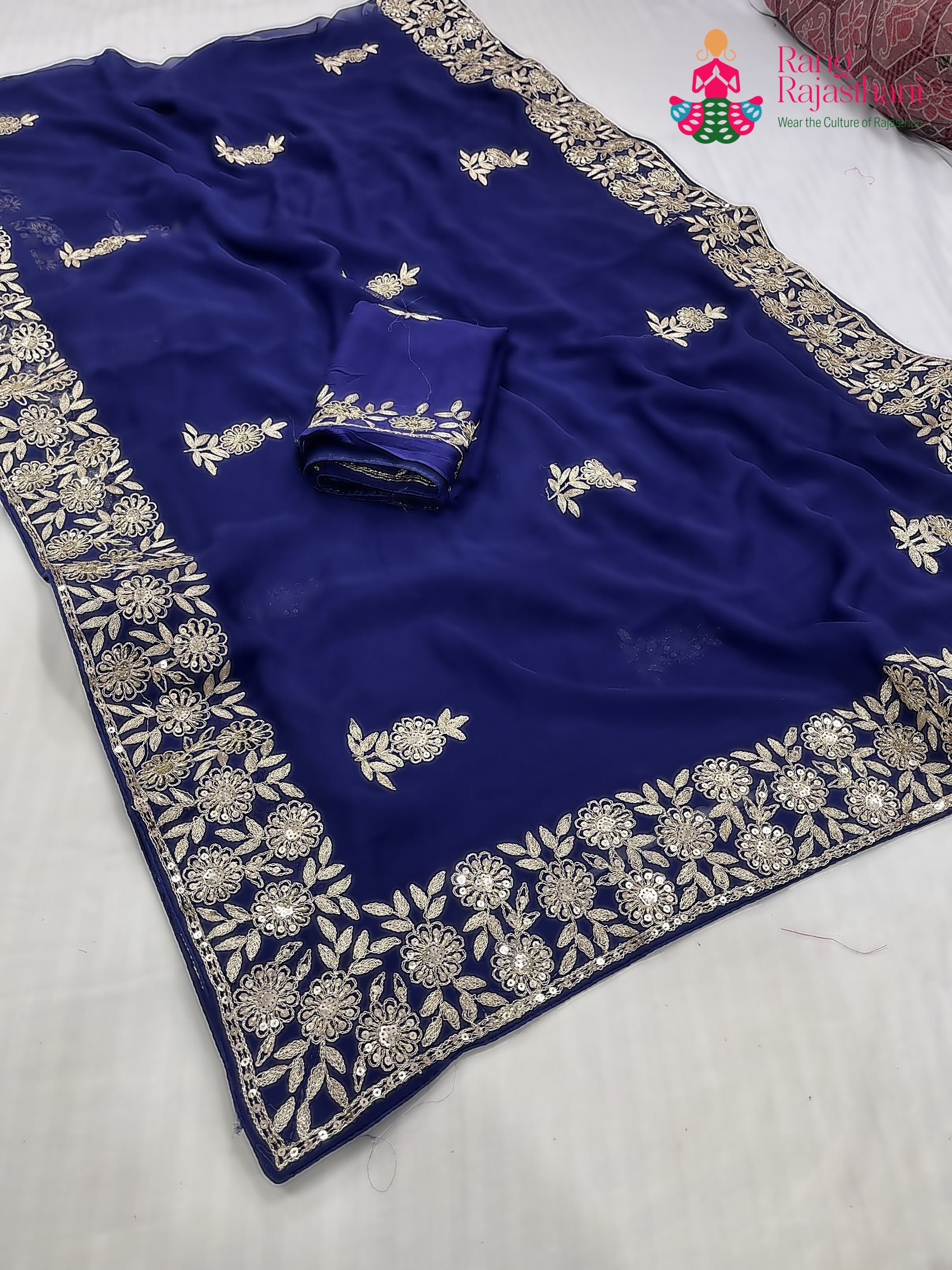 blue chiffon zari embroidery saree for wedding reception by Rang Rajasthani
