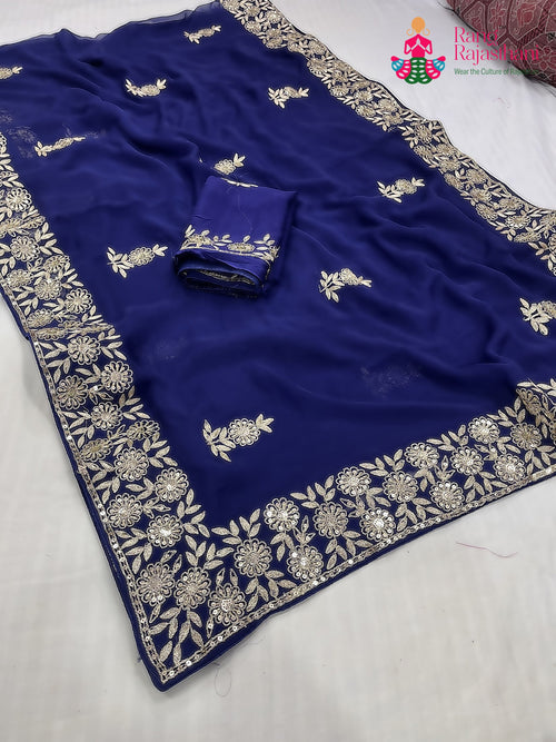 Blue Chiffon Zari Embroidery Saree : Calm Glow main-image