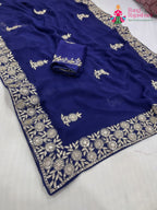 pallu detailing of blue chiffon zari embroidery saree