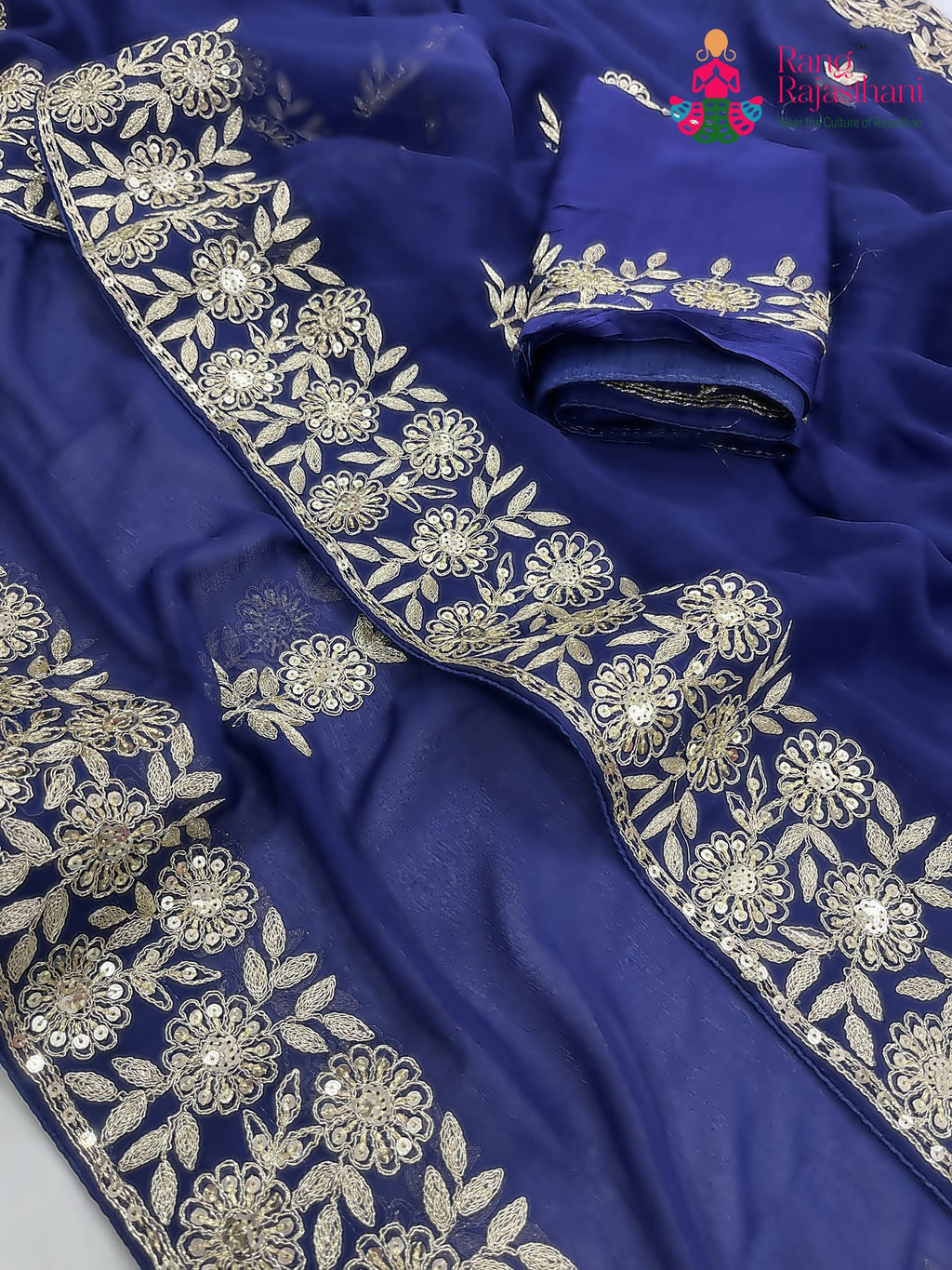 complete look of blue chiffon zari embroidery saree