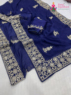 border detailing of blue chiffon zari embroidery saree