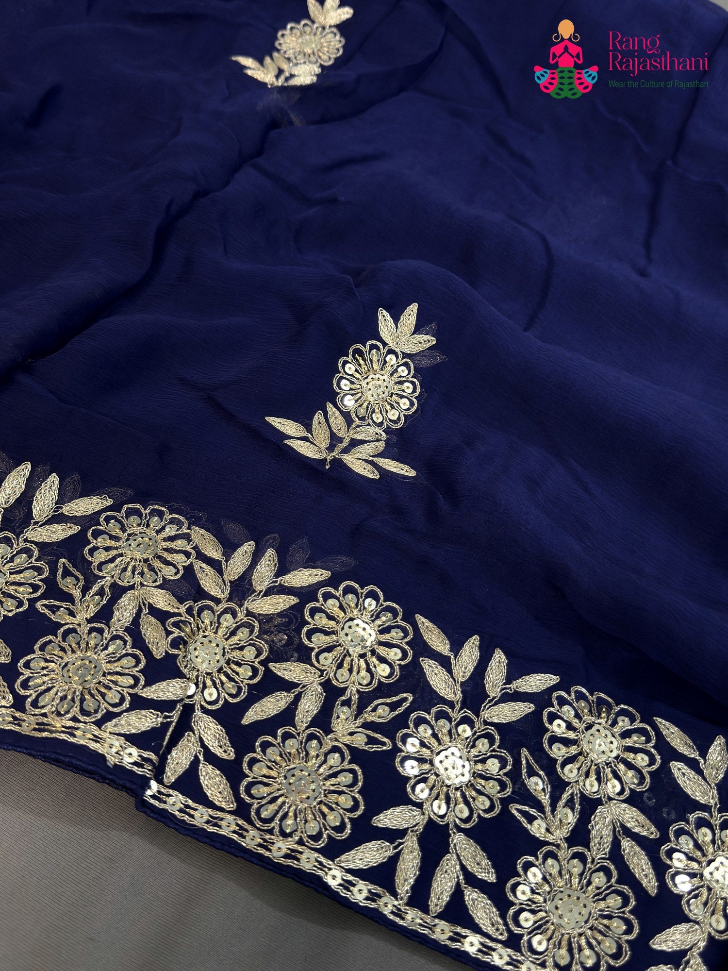 Blue Chiffon Zari Embroidery Saree for Wedding Reception | Festive Wear