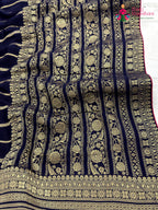 pallu detailing of blue chinnon banarasi zari weave saree