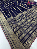 pallu detailing of blue chinnon banarasi zari weave saree