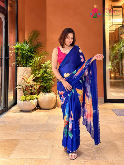 Blue Chinnon Hand Embellishment Printed Saree for Sangeet Night | Festive Pick