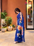 Blue Chinnon Hand Embellishment Printed Saree for Sangeet Night | Festive Pick