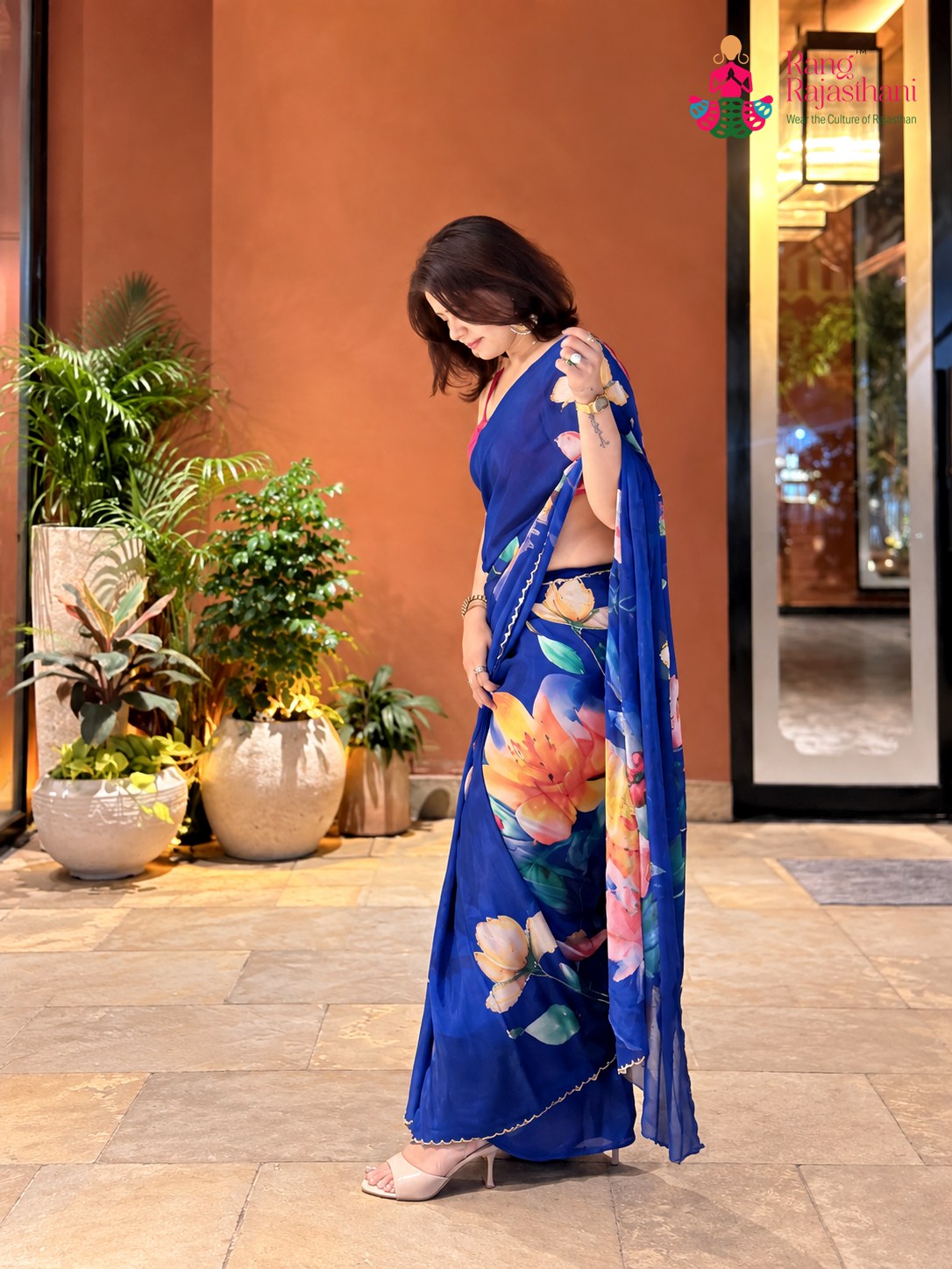 Blue Chinnon Hand Embellishment Printed Saree for Sangeet Night | Festive Pick