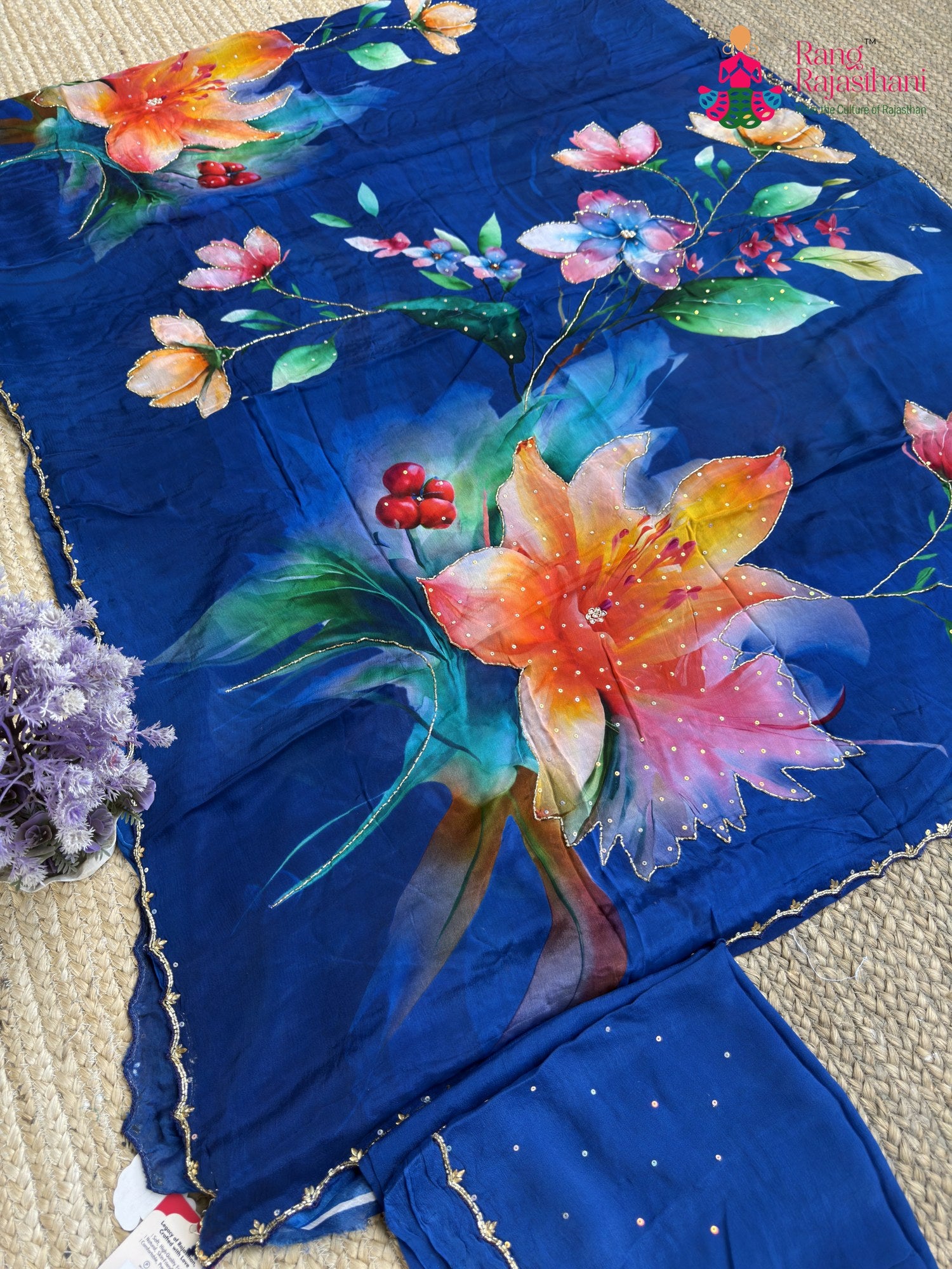 Blue Chinnon Hand Embellishment Printed Saree for Sangeet Night | Festive Pick