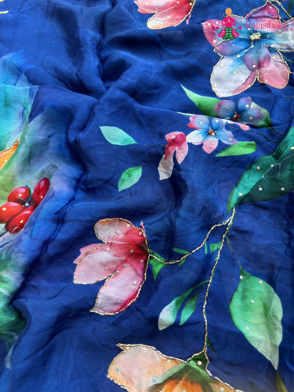 Blue Chinnon Hand Embellishment Printed Saree for Sangeet Night | Festive Pick