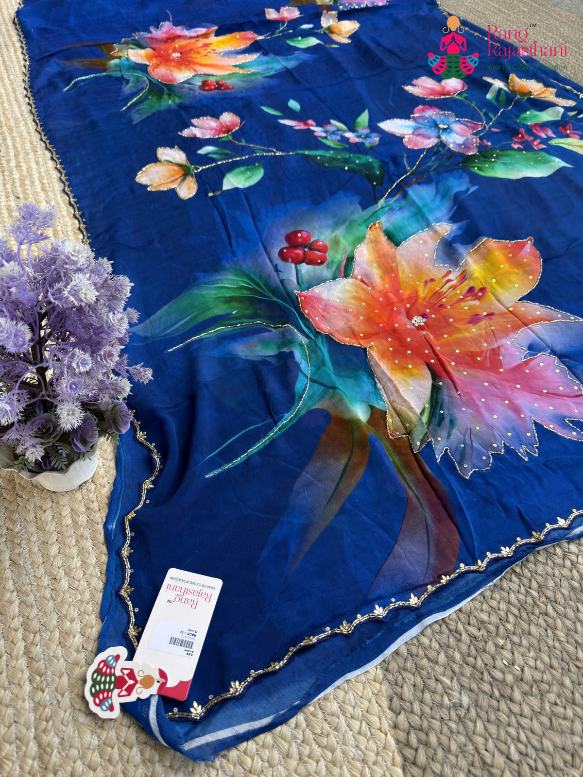 Blue Chinnon Hand Embellishment Printed Saree for Sangeet Night | Festive Pick