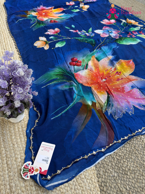 Blue Chinnon Hand Embellishment Printed Saree for Sangeet Night | Festive Pick