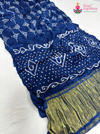close up detailing of blue gajji silk bandhani saree