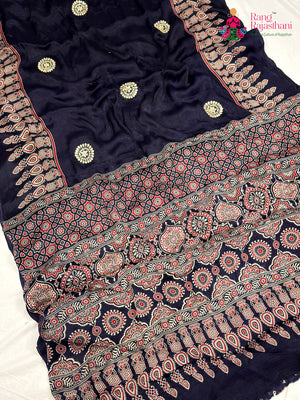 Blue Modal Ajrakh Print Saree for Casual | Party Wear